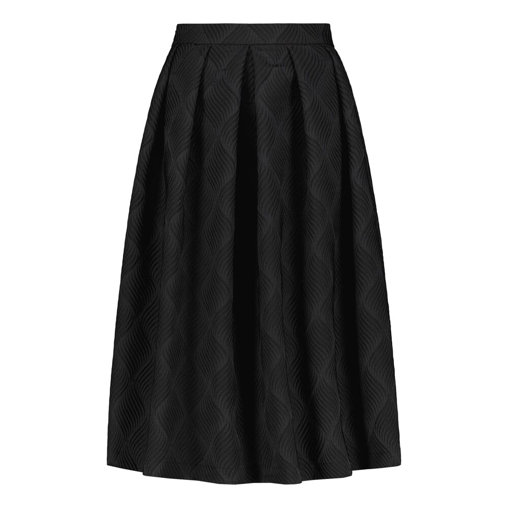 tuotekuva naisten midimittainen musta jacquard-hame vyötärön laskoksilla ja vetoketjukiinnityksellä, yhdistettynä Mohair sweater neulepaitaan värissä wasabi.