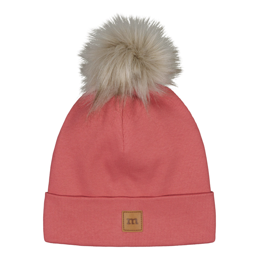 RIB BEANIE WITH FUR POM | RASPBERRY